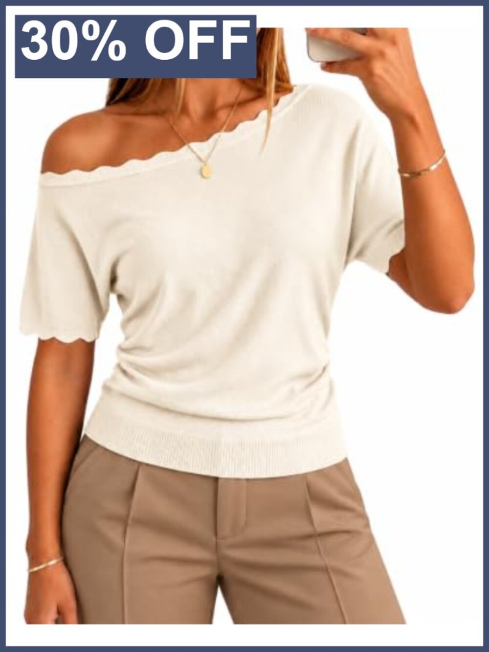 Off Shoulder Scalloped Knit Sweater Boat Neck Short Sleeve Ruched Side Slim Fit